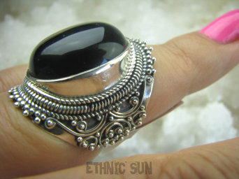 bpe5988 Śliczny DUŻY zdobiony Pierścień czarny ONYKS regeneruje SERCE, EGZEMY, PAMIĘĆ r.13/ r.13,5 Srebro 925 #