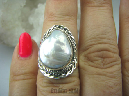 bpee3157 Elegancki Pierścień hodowlana DUŻA opalizująca PERŁA BIWA r.13 Mały Rozmiar egzotyczne Srebro 925 #