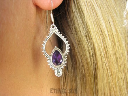 bkee1075 Egzotyczne Długie Lekkie Ażurowe Kolczyki Fioletowy Ametyst - kamień mądrości Srebro 925