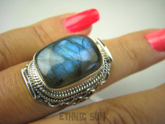 bpe8179 Biżuteria Orientalna !!! Egzotyczny Pierścień LABRADORYT Spektrolit - kamień Zorzy Polarnej r.14 SREBRO 925 #