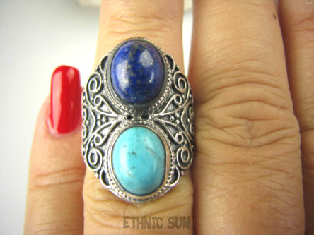 bpe6879 Biżuteria Orientalna !!! Przepiękny Masywny Pierścień Turkus Turkusy Lapis Lazuli r.13 Srebro 925 #