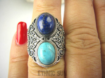 bpe6879 Biżuteria Orientalna !!! Przepiękny Masywny Pierścień Turkus Turkusy Lapis Lazuli r.13 Srebro 925 #