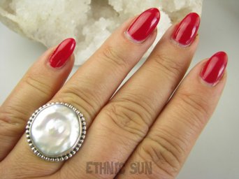 bpee4118 RARYTAS naturalna wielobarwna PERŁA BIWA Elegancki Pierścionek Pierścień z DUŻA perłą r.17/ r.18 Srebro 925 #