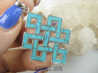 bwe3840 Cudowny Ażurowy Wisior Buddyjski Węzeł Nieskończoności inkrustowany TURKUS Turkusy Srebro 925