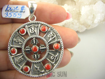 bwe3559 Biżuteria Orientalna !!! Cudowna Duża MANDALA Amulet Święta Mantra Ochronna OM MANI PADME HUM oraz Krzyż Dorje - Niezniszczalność, Koral Srebro 925 #