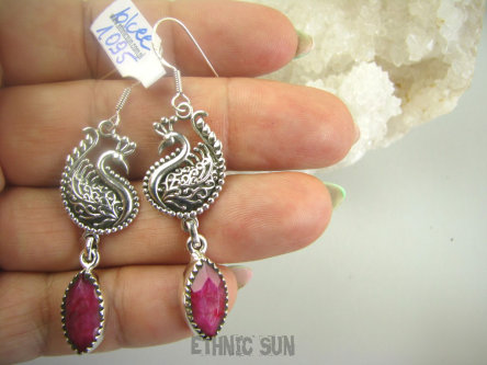 bkee1095 Królewski Paw - symbol nieśmiertelności CUDOWNE Długie 6 cm Kolczyki Rubin Indyjski Rubiny Srebra SREBRO 925