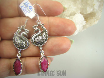 bkee1095 Królewski Paw - symbol nieśmiertelności CUDOWNE Długie 6 cm Kolczyki Rubin Indyjski Rubiny Srebra SREBRO 925