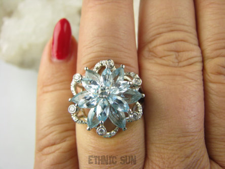 bpee4163 BOSKO PIĘKNA GWIAZDA WIECZORU Pierścień Pierścionek naturalne Blue Topazy, Blue Topaz oraz Cyrkonie r.15 SREBRO RODOWANE 925 #