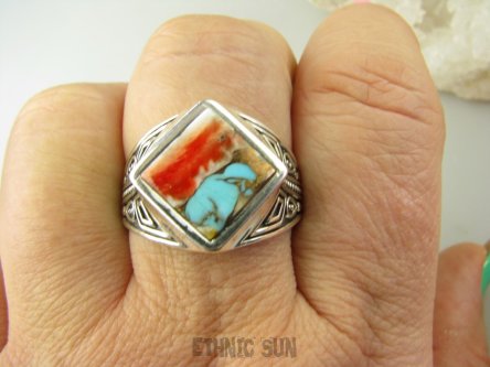 bpe8871 Wielobarwna Ostryga - Wspaniały Sygnet Męski lub Damski Pierścień OSTRYGOWY TURKUS MIEDZIANY Turkus OSTRYGA Muszla złota MIEDZ  r.29 Srebro 925 #