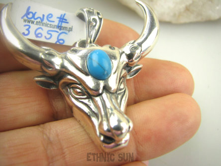 bwe3656 IDEALNY PREZENT DLA FACETA Głowa Byka BYK - symbol siły, wytrwałości, stabilności !!!! Turkus Turkusy SREBRO 925 #