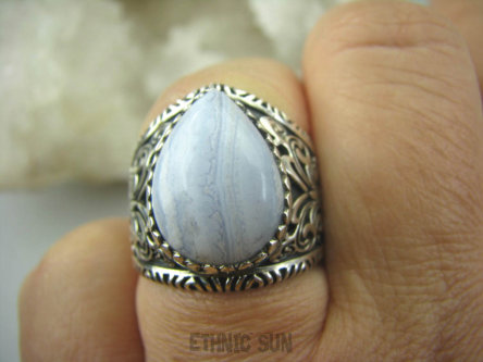 bpe5769 Motyl - symbol siły i niezależności Wygodny Pierścień AGAT BLUE LACE kamień spokoju i pozytywnego myślenia r.17 Srebro 925 #