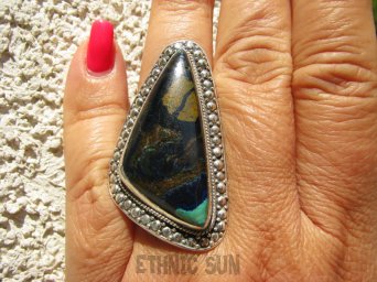 bpe7760 Niezwykły Dotyk Natury Wielobarwny CUD NATURY 4,8cm DUŻY 19g Okaz Pierścień naturalna CHRYZOKOLA I AZURYT r.18 Srebro 925 #