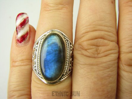 bpe8754 Delikatny Ażurowy Pierścień Granatowy Labradoryt Spektrolit - kamień zorzy polarnej r.16 Srebro 925