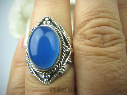 bpe5979 Śliczny Delikatny Pierścień Niebieski Chalcedon (tarczyca) CZAKRA GARDŁA r.14/ r.15 Srebro 925