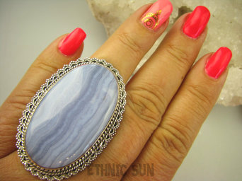 bpe7782 DUZY BOSKO PIĘKNY  Aż 28 gramów CUDNY Pierścień 5 cm / 3.2 cm KORONKOWY Niebieski AGAT BLUE LACE kamień spokoju STRES, regulowany r.18, r.19, r.20, r.21, r.22 Srebro 925 #