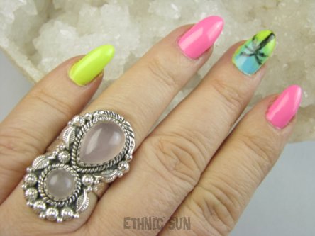 bpe9540 Orientalna Piękność Długi 3.5 cm cudownie zdobiony Pierścień Pierścionek Kwarc Różowy r.18 Srebro 925 #