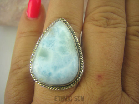 bpe6413 Anielski Pierścień Rzadki Błękitny Larimar (kamień Anielski ) - stawy, serce lęki, otwiera czakrę gardła r.19 Srebro 925 #