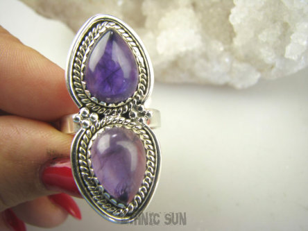 bpe8948 PIĘKNY OKAZ !!! Duży Długi 4 cm Pierścień Pierścionek Fioletowy Ametyst - kamień mądrości r.21/ r.22 Srebro 925 #