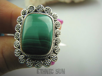 bpe4040 Biżuteria Egzotyczna !!! Cudowny MALACHIT W ORIENTALNEJ OPRAWIE -  Pierścień MALACHIT - pobudza kreatywność r.13,5/ r.14 Srebro 925 #