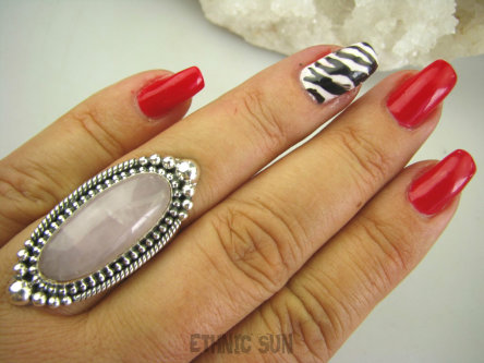 bpe8017 Długi 4 cm OKAZ !!!! Egzotyczny Pierścień KWARC Różowy Kamień mocnego SERCA r.16 Srebro 925 #