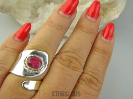 bpee4400 Artystyczny Lśniący Regulowany Pierścień Pierścionek Rubin Indyjski Rubiny r.15, r.16, r.17, r.18 szeroka obrączka Srebro 925