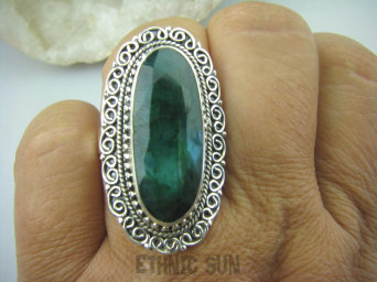bpee3330 Kunsztowny DUŻY Długi 3.6 cm Pierścień Zielony Szmaragd Indyjski - kamień Miłości Szmaragdy r.22 Srebro 925 #