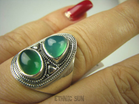 bpe8899 Biżuteria Orientalna - Delikatny OKAZ Pierścień Pierścionek Zielony Onyks - regeneruje SERCE, EGZEMY, PAMIĘĆ r.17 Srebro 925 #