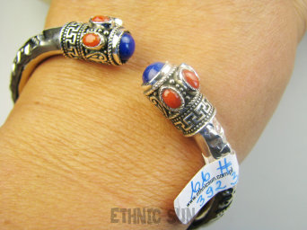 bb3923 EGZOTYCZNA PIĘKNOŚĆ!!! Orientalna Otwarta Duża 28g !!! Bransoleta Bransoletka naturalny Lapis Lazuli, Koral Korale PIĘKNIE ZDOBIONA Srebro 925 #