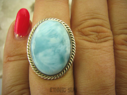 bpe6226 Błękit  Pierścień Rzadki Błękitny Larimar (kamień Anielski ) - stawy, serce lęki, otwiera czakrę gardła r.14 Srebro 925 #