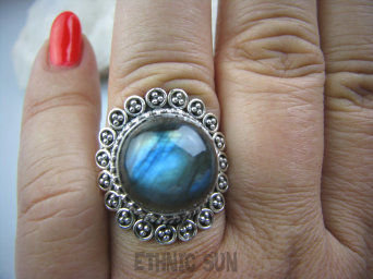 bpe4674 Czarodziejsko Piękny Orientalny Wysoki Pierścień Labradoryt Spektrolit - kamień Zorzy Polarnej r.19/ r.20 Srebro 925 #