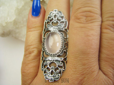 bpe9665 Biżuteria Orientalna POEZJA Ażurowy DŁUGI Pierścień Pierścionek naturalny Kwarc Różowy r.19/ r.20 Srebro 925 #