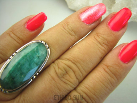 bpee3886 Kunsztowny Długi 3.4 cm Pierścień Zielony Szmaragd Indyjski - kamień Miłości Szmaragdy r.15/r.16 Srebro 925 #