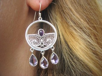 bkee805 Kokietki  5,5 cm szerokie Ażurowe  orientalne Kolczyki Ametyst - kamień mądrości Srebro 925 