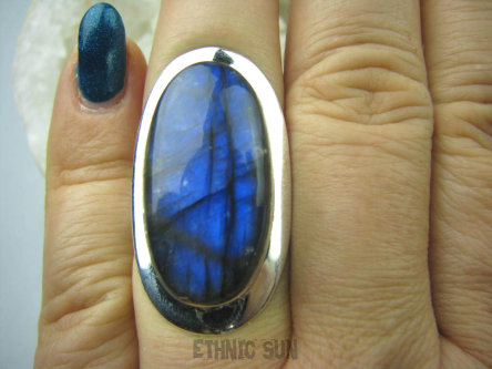 bpe5464 Klasyczny Długi Pierścień Labradoryt Spektrolit - kamień Zorzy Polarnej r.15 Lśniące Srebro 925 #