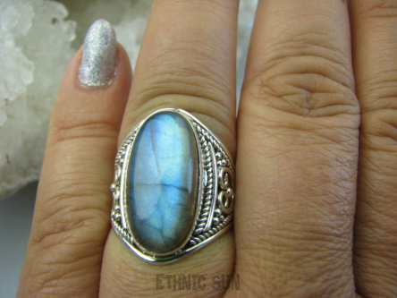 bpe5886  MAX BLASK Delikatny Ażurowy Pierścień Niebieski Labradoryt Spektrolit - kamień zorzy polarnej r.17/ r.18 Srebro 925 # 