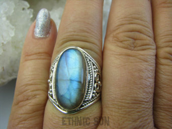 bpe5886  MAX BLASK Delikatny Ażurowy Pierścień Niebieski Labradoryt Spektrolit - kamień zorzy polarnej r.17/ r.18 Srebro 925 # 