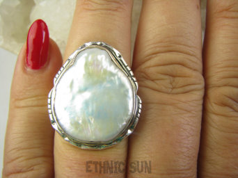 bpee4123 RARYTAS naturalna opalizująca wielobarwna DUŻA PERŁA BIWA Elegancki Pierścionek Pierścień z DUŻA perłą r.15/ r.16 Srebro 925 #