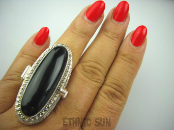 bpe5078 GIGANT AŻ 30 gramów Długi 4,6 cm Otwierany Duży  SEKRETNIK  !! Pierścień na Zdjęcia lub Marzenia Onyks - regeneruje SERCE, EGZEMY, PAMIĘĆ r.19 Srebro 925 #