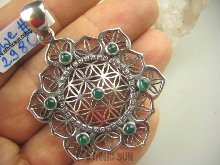 bwe2980 KWIAT ŻYCIA - SILNY AMULET OCHRONNY !!!! Ażurowy ORIENTALNY Wisior Zielony Onyks SREBRO 925 #