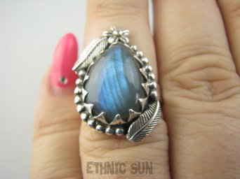 bpe9461 Czarodziejsko Piękny Orientalny Pierścień Pierścionek Labradoryt Spektrolit - kamień Zorzy Polarnej r.13 Srebro 925 #