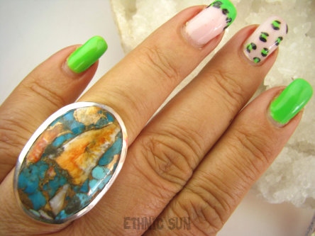 bpe7902 Wielobarwna Ostryga Klasyczny Pierścień OSTRYGOWY TURKUS MIEDZIANY Turkus OSTRYGA Muszla złota MIEDZ r.17 Srebro 925 #