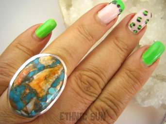 bpe7902 Wielobarwna Ostryga Klasyczny Pierścień OSTRYGOWY TURKUS MIEDZIANY Turkus OSTRYGA Muszla złota MIEDZ r.17 Srebro 925 #