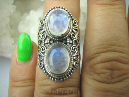 bpe6068 Podwójna Księżycowa Piękność Pierścień Przeświecający, Niebieski KAMIEŃ KSIĘŻYCOWY r.10 zdobione Srebro 925 #