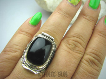 bpe6120 Śliczny zdobiony Pierścień Czarny ONYKS regeneruje SERCE, EGZEMY, PAMIĘĆ r.17/ r.18 Srebro 925 #