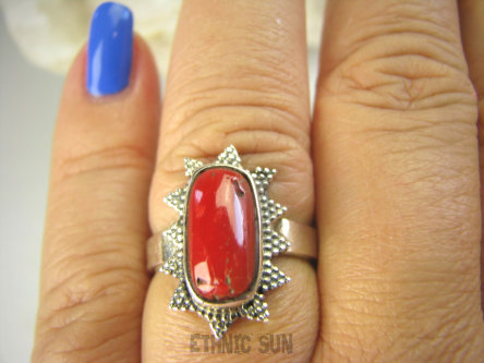 bpe6934 Koralowa Gałązka !!! Orientalny Delikatny Pierścień naturalny Koral ROBACZYWKA - pobudza strumień miłości r.17/ r.18 Srebro 925