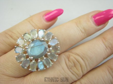 bpee4495 MAX BLASK MOCNO SIE MIENI  Regulowany Pierścień Pierścionek z Labradorytami szlifowany Wielobarwny Labradoryt Spektrolit - kamień Zorzy Polarnej r.13, r.14, r.15, r.16 Srebro 925 #