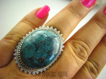 bpe2976 PRZEPIĘKNY Duży Orientalny Pierścień z Naturalnym Turkusem TURKUS - opiekun ciała i duszy r.18/ r.19 Srebro 925 #