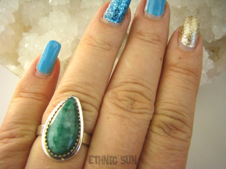 bpe8535 Szmaragdowa Kropla Delikatny Pierścień Pierścionek Szmaragd Indyjski Szmaragdy r.20 Srebro 925 #