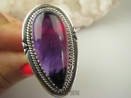 bpe9102 DUŻY PIĘKNY OKAZ DŁUGI 3.8 cm Egzotyczny Pierścień Pierścionek AMETYST Kamień Mądrości r.20 Srebro 925 #