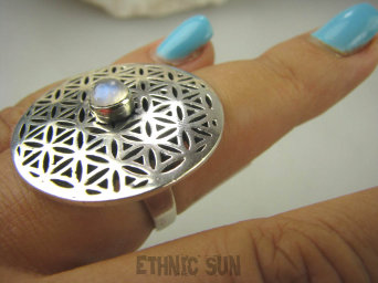 bpe6385 Duży obracający się Pierścień KWIAT ŻYCIA - SILNY AMULET OCHRONNY !!!! Ażurowy Pierścień Biały Kamień Księżycowy r.16 SREBRO 925 #